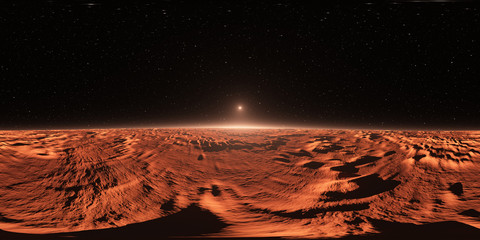 Fototapeta premium 360 Panorama of Mars-like Exoplanet sunset, environment map. Equirectangular projection, spherical panorama. 3d illustration