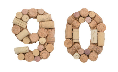 Number 90 ninety made of wine corks Isolated on white background