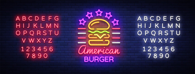 Naklejka premium Burger logo vector. American burger, design template light emblem, burger street food neon sign, light banner, neon night fast food advertisement, design element sandwich. Editing text neon sign