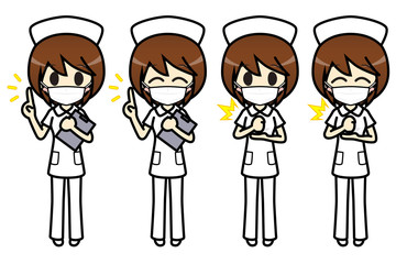 シンプルキャラクター　会話・表情イラスト集　看護師（パンツスタイル・マスク付き）　女性　要点・納得 