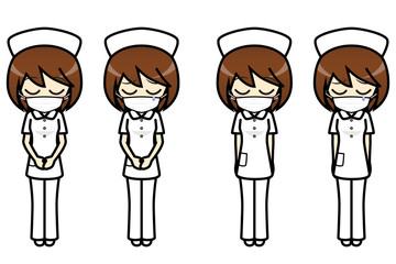 
シンプルキャラクター　会話・表情イラスト集　看護師（パンツスタイル・マスク付き）　女性　謝罪