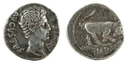 Ancient Roman silver denarius coin of Emperor Augustus.