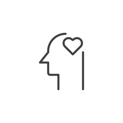 Heart in human head outline icon. linear style sign for mobile concept and web design. Love head simple line vector icon. Symbol, logo illustration. Pixel perfect vector graphics