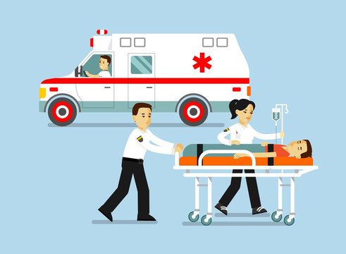 Medicine ambulance concept in flat style isolated on blue background. Young doctor paramedic man and woman, ambulance car and patient on stretcher.