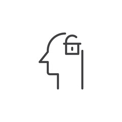 Human head with open lock inside outline icon. linear style sign for mobile concept and web design. simple line vector icon. Symbol, logo illustration. Pixel perfect vector graphics