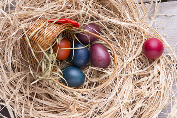 Colorful eastern eggs. Copy space. Selective focus