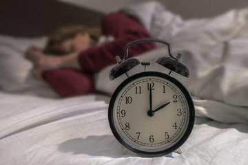Daylight saving time. Alarm clock switched to summer time. Changing clock from wintertime to...