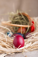 Colorful eastern eggs. Copy space. Selective focus