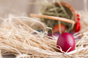Colorful eastern eggs. Copy space. Selective focus