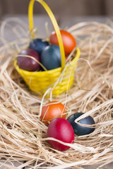 Colorful eastern eggs. Copy space. Selective focus