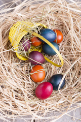 Colorful eastern eggs. Copy space. Selective focus