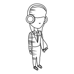 sketch of cartoon businessman standing and listening music with headphones over white background, vector illustration