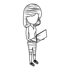 sketch of avatar woman standing and  using a laptop computer over white background, vector illustration