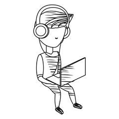 sketch of avatar young man sitting and using a laptop computer and headphones over white background, vector illustration