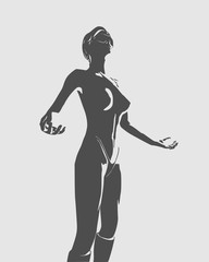 Beautiful sexy fitness girl in wizard pose. Pretty woman wearing bikini. Front view.