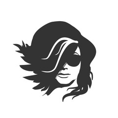 Portrait of beautiful woman in black sunglasses. Curly hair. Front view