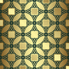 Seamless wallpaper. Dark vintage pattern on a gold background