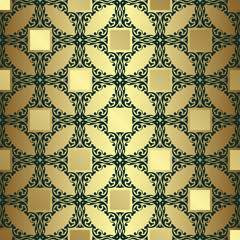 Seamless wallpaper. Dark vintage pattern on a gold background