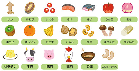 食物アレルギー　特定原材料に準ずる20品目（表示推奨20品目）のイラスト素材