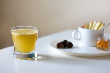 flat lay breakfast with apple