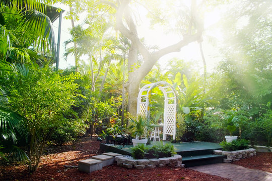 House courtyard and the garden of the Ernest Hemingway Home and Museum in Key West, Florida. 