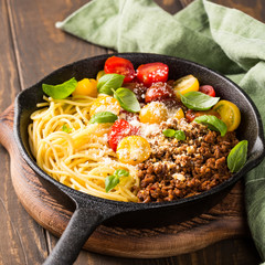 Healthy italian food. Delicious spaghetti Bolognaise or Bolognese with savory minced beef and...