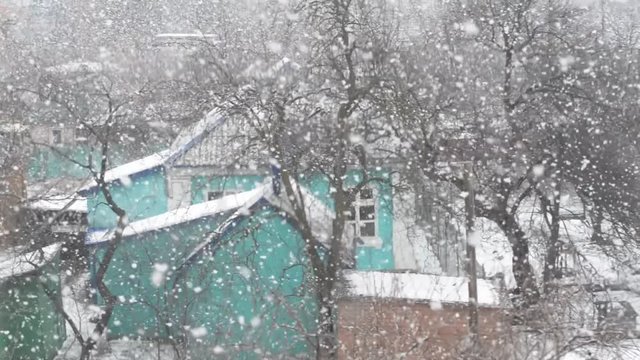 Blizzard, snow, large flakes falling on an old house in the province. Blurred video
