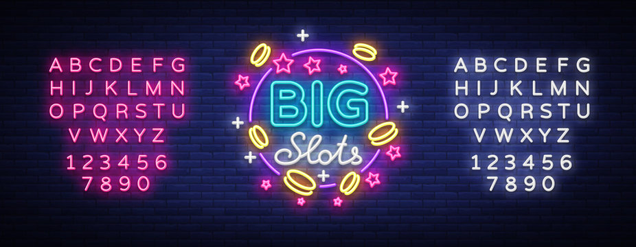 Big slots neon sign. Design template in neon style. Slot Machines Light Logo Symbol, Winning Jackpot, Luminous Web Banner, Night Casino Advertising. Vector illustration. Editing text neon sign