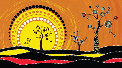 Tree on the hill, Aboriginal tree, Aboriginal art vector painting with tree and sun. Illustration based on aboriginal style of dot background.