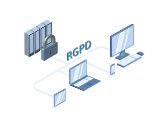 RGPD, Spanish and Italian version version of GDPR: Regolamento generale sulla protezione dei dati. Concept vector isometric illustration, isolated on white. General Data Protection Regulation.