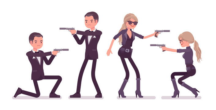 Secret agent gentleman and lady spy of intelligence service aiming