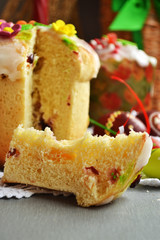 Easter cake. Perfect homemade cake with raisins , dry apricot pieces and nuts.  Traditional holiday baking. Selective focus.