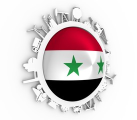 Circle with industry relative silhouettes. Objects located around the circle. Industrial design background. Flag of the Syria in the center. 3D rendering