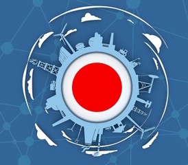 Circle with industry relative silhouettes. Objects located around the circle. Industrial design background. Flag of the Japan in the center. 3D rendering
