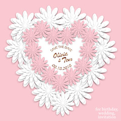 Wedding invitation. Wedding cards - save the date. Romantic design with paper cut white and pink flowers. Heart of three-dimensional flowers. For invitations, wedding projects, birthday