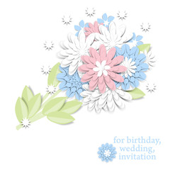Greeting card with 3d paper flowers and place for text. Romantic design with paper cut flovers in pastel colors. For invitations, wedding, birthday and other festive projects. Bridal bouquet.