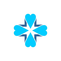 Blue vector cross covered by four blue hearts
