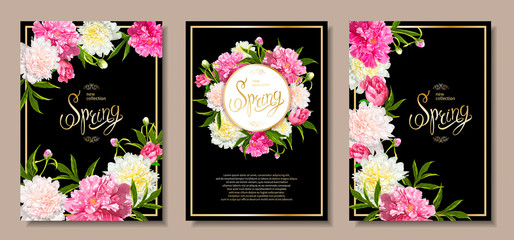 Set of three floral backgrounds with blooming pink and light yellow peonies, buds, green leaves. Inscription Spring. Template for card, banner on 8 March, Mothers Day, Birthday, Sale, Wedding - 197467676