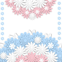 Fototapeta premium Greeting card with 3d paper flowers and place for text. Romantic design with paper cut flovers in pastel colors. For invitations, wedding, birthday and other festive projects.