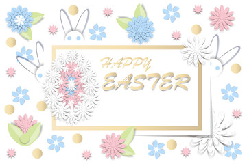 Fototapeta na wymiar Happy Easter. Greeting card with 3d paper flowers and decorative egg. Romantic design with paper cut flovers in pastel colors.
