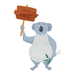 Sad koala bear holding a protest sign SAVE KOALAS and eucalyptus leaves. Demonstration against habitat destruction. Protection of endangered animal species. Vector cartoon illustration.
