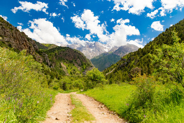 A dirt road in the Tien Shan mountains in the spring