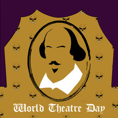 World theatre day vector minimal concept, William Shakespere abstract portrait isolated on pattern with sculls  