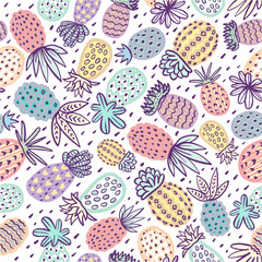 Seamless pineapple pattern. Handdrawn Pinapple with different textures in pastel colors. Exotic fruits background For Fashion print, textile, fabric, covers, wallpapers, wrap.
