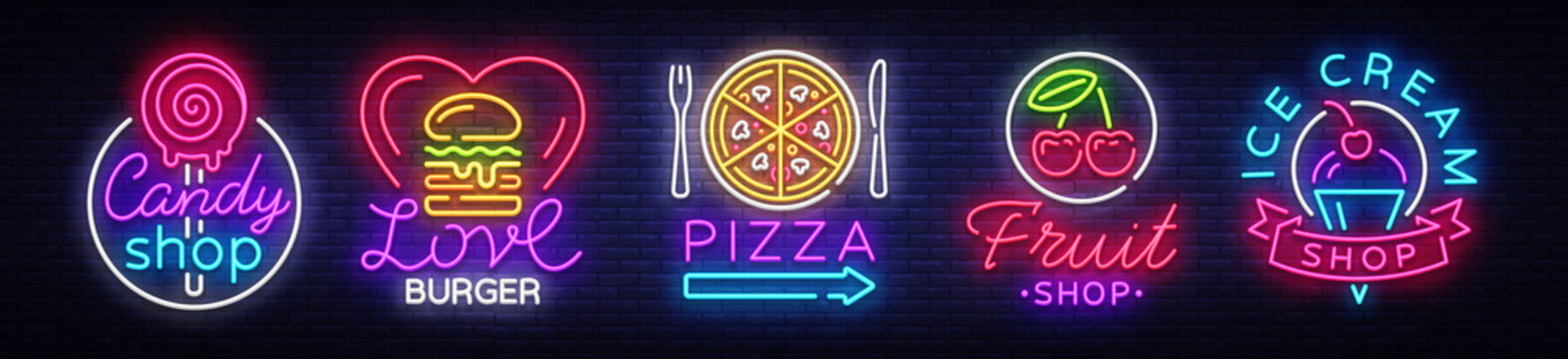 Big collection neon signs on theme food. Set Neon signs Burger, Sweets, Pizza, Fruits, Ice cream shop, Candy shop. Neon banner, light emblem logos. Vector illustration