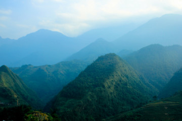 Blue cool feeling of panoramic scene of mountains in nature, makes peaceful and calm emotion to mind