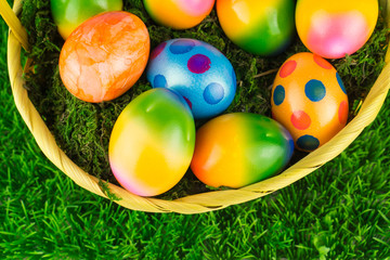 Easter basket with many colorful Easter eggs