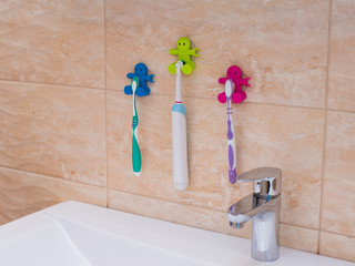 White bath accessories: bar of soap in soap-dish, liquid soap, toothbrushes