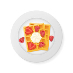 Plate with belgian waffles with raspberries, strawberries and cream isolated on white background. Top view. Vector illustration.