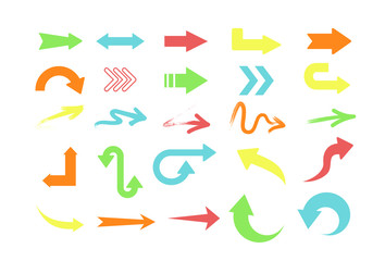 Vector illustration set of different colors arrows, pointers collection on white background.